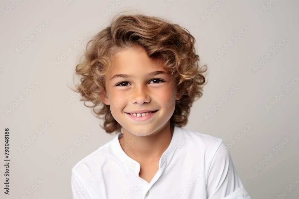 Portrait of a smiling little boy with curly hair over grey background Portrait of a smiling little boy with curly hair over grey background