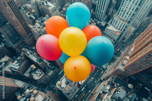 Many colorful balloons float on buildings in a big city. photo