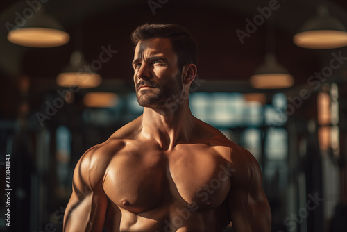Side View Portrait of Muscular Man in Gym. Shirtless muscular male bodybuilder in gym with dramatic lighting.