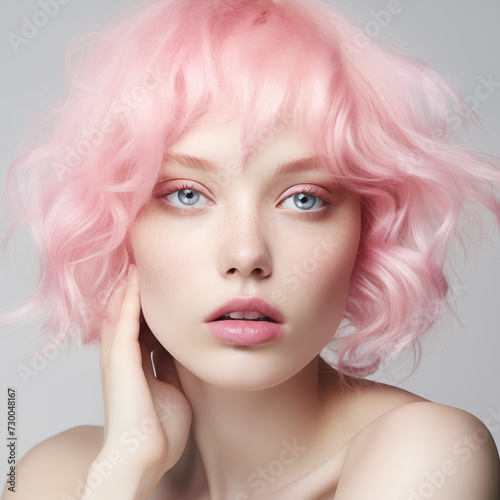 Close-up portrait of a young woman with pink curly hair and blue eyes, ideal for beauty and fashion themes. Close-Up of Young Woman with Pink Hair