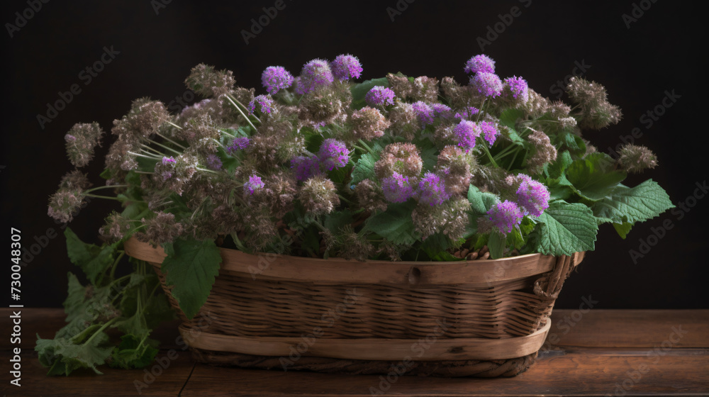 Ageratum blossoms arranged in a rustic basket.