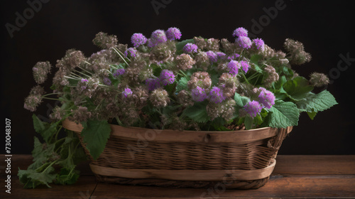 Ageratum blossoms arranged in a rustic basket.