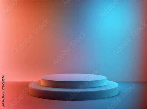 Multi-colored background, empty round podium. Background for product promotion and demonstration. © lesikvit