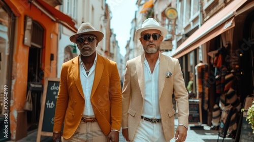 Two stylishly dressed gentleman in sunglasses walk along a narrow European street, sunny day. Generative AI. © visoot