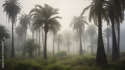 palm tree grove in a misty morning ambiance. © Possibility Pages