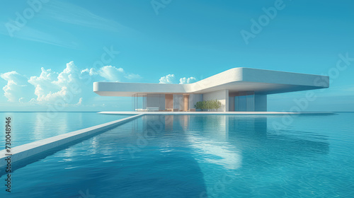 A modern architectural marvel, this sleek, minimalistic structure appears to float above the tranquil blue waters, with a clear sky and fluffy clouds in the background, evoking a sense of futuristic t © Александр Марченко