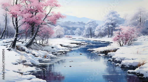 Watercolor winter landscape, forest trees river snow, poster, background, wallpaper, generative AI