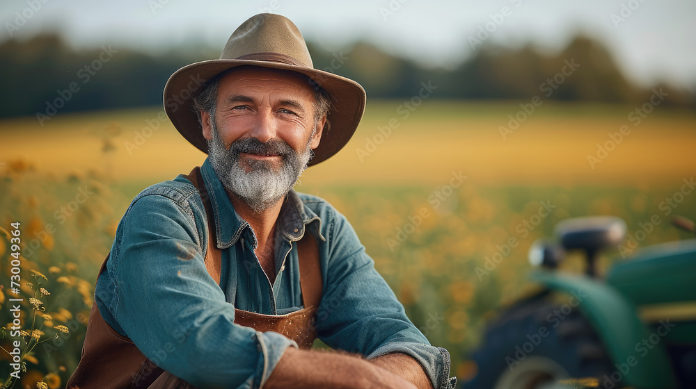 Happy middle aged farmer inspecting his green field, modern tractor blurred in the background. Generative AI.