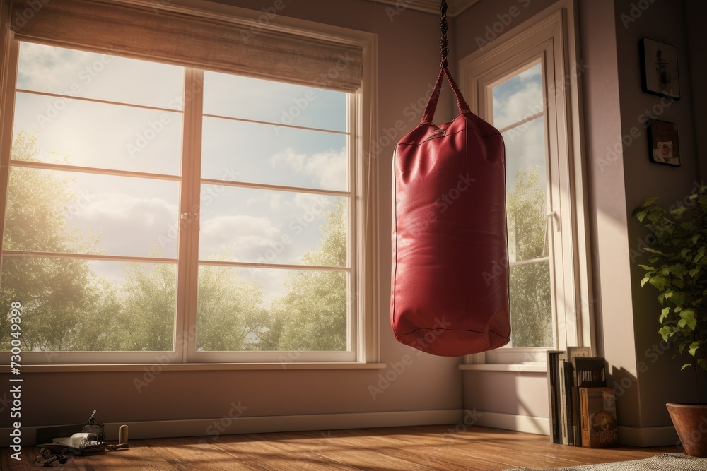 In the gym, a punching bag swings from the ceiling, ready for workouts.