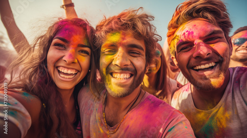 Close-Up Vibrant Holi Festival Celebration. Group of friends celebrating Holi festival with vibrant colors. © Anastasiia Ignateva