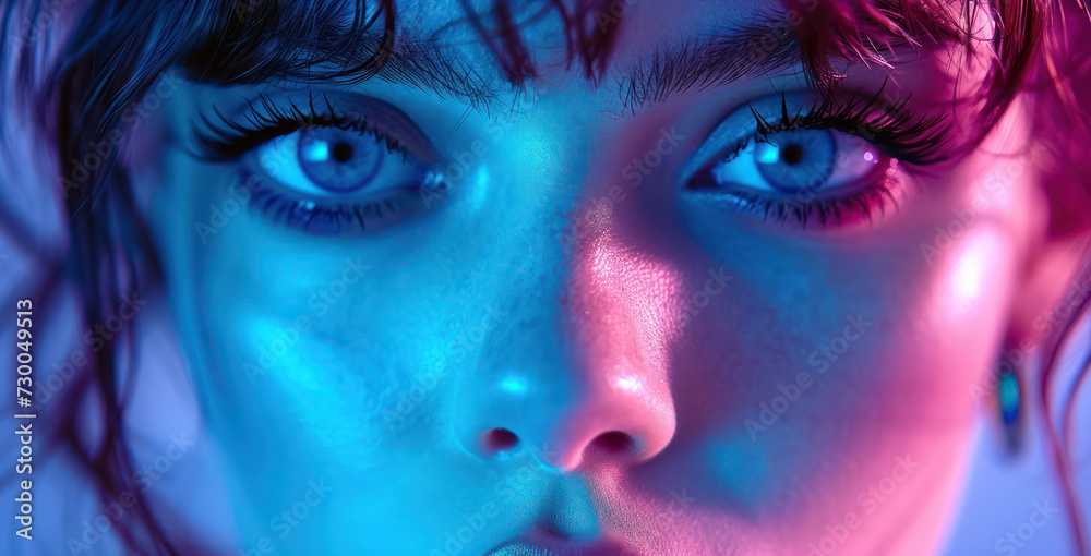 Colorful Fashion Portrait: Beauty and Fantasy in Neon Blue - Bright Makeup Art on Young Woman's Face