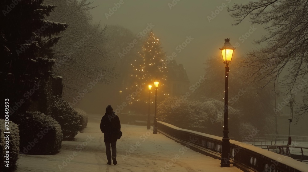 A person walking down a snowy street with lights on, AI A person walking down a snowy street with lights on, AI
