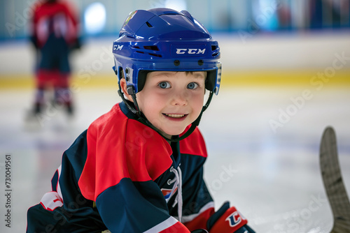 Little boy playing hockey on ice rink. photo