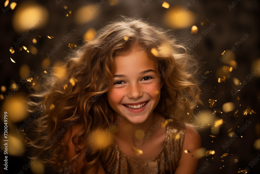 Smiling young girl with golden sparkles, ideal for holiday designs. Close-Up Portrait of Joyful Girl with Golden Bokeh Smiling young girl with golden sparkles, ideal for holiday designs. Close-Up Portrait of Joyful Girl with Golden Bokeh