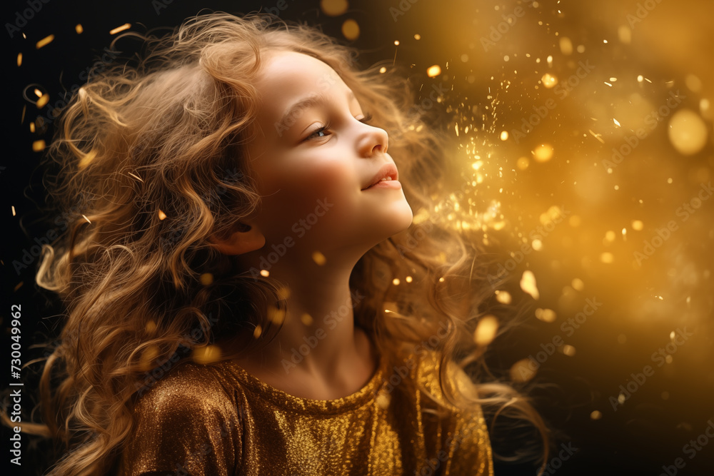 Young girl in golden dress with glowing sparkles, ideal for festive occasions. Young girl in golden dress with glowing sparkles, ideal for festive occasions.