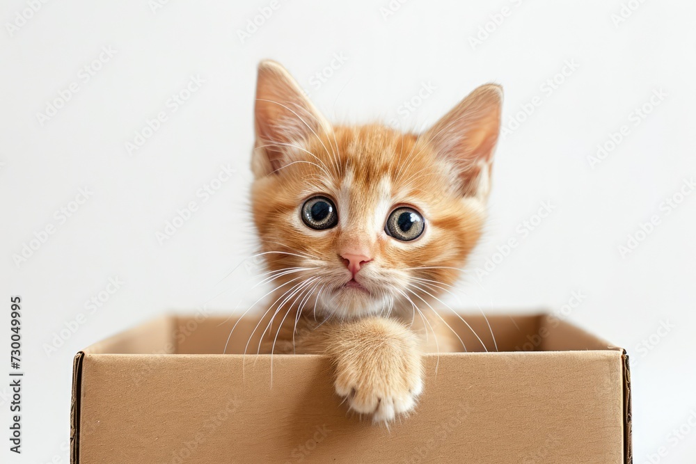 Fototapeta premium cute little stray kitten in a cardboard box on a white background