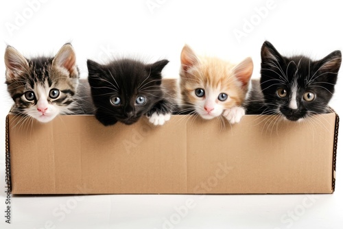 Four cute little stray kittens in a cardboard box on a white background