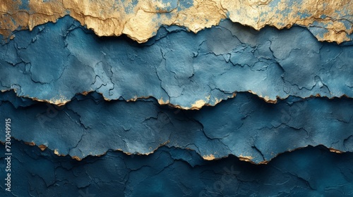 Richly Textured Surface gives Impression of Weathered Metallic Wall - Color is a Deep Oceanic Blue with Hints of Lighter Blue Hues suggesting a Patina Effect created with Generative AI Technology
