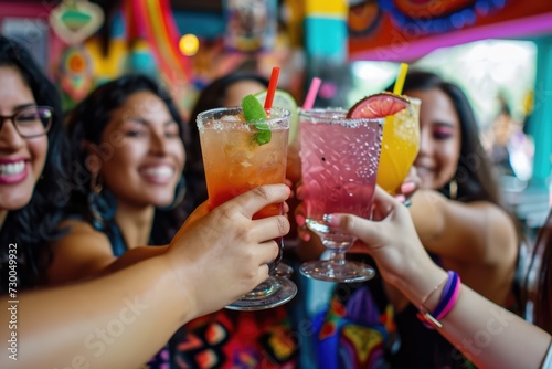 A group of people raising colorful cocktail glasses in a festive toast, capturing the joyful spirit of the Cinco de Mayo celebration.