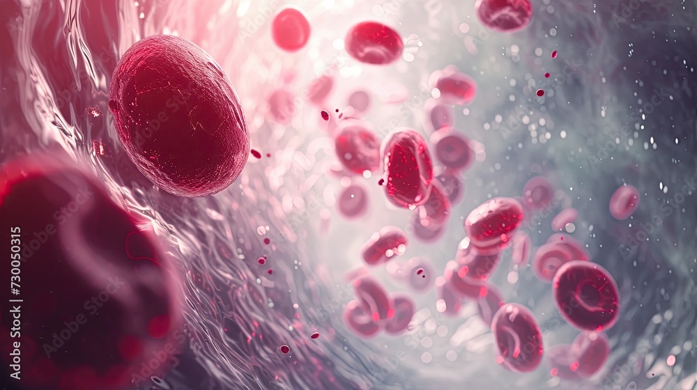 Fototapeta premium a red cell surrounded by white blood cells move through a blood vessel