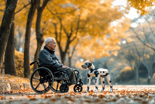 Elderly man in wheelchair with robot dog amidst fall foliage, contemplating nature's serenity