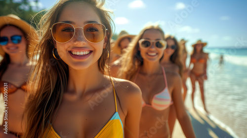 Group of teenage young people having fun in the sea on spring break
