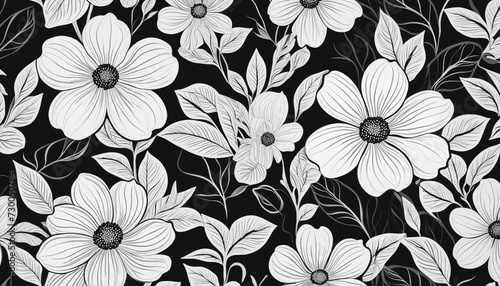 Abstract black and white flower art seamless pattern. Trendy contemporary floral nature shape background illustration. Natural organic plant leaves artwork wallpaper print. Vintage spring texture.  