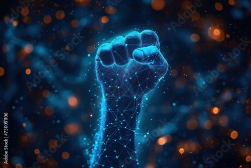 Polygonal fists raised in a digital network, symbolizing unity and revolution photo
