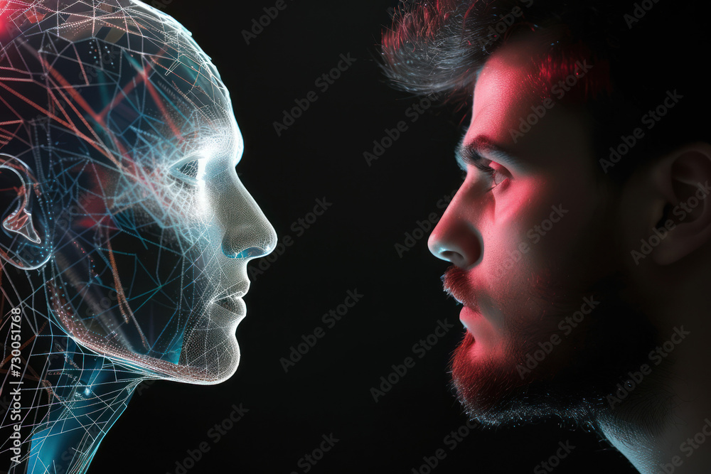 A side profile of a young man and a wireframe AI face in blue tones, symbolizing the fusion of human intellect and artificial intelligence A side profile of a young man and a wireframe AI face in blue tones, symbolizing the fusion of human intellect and artificial intelligence