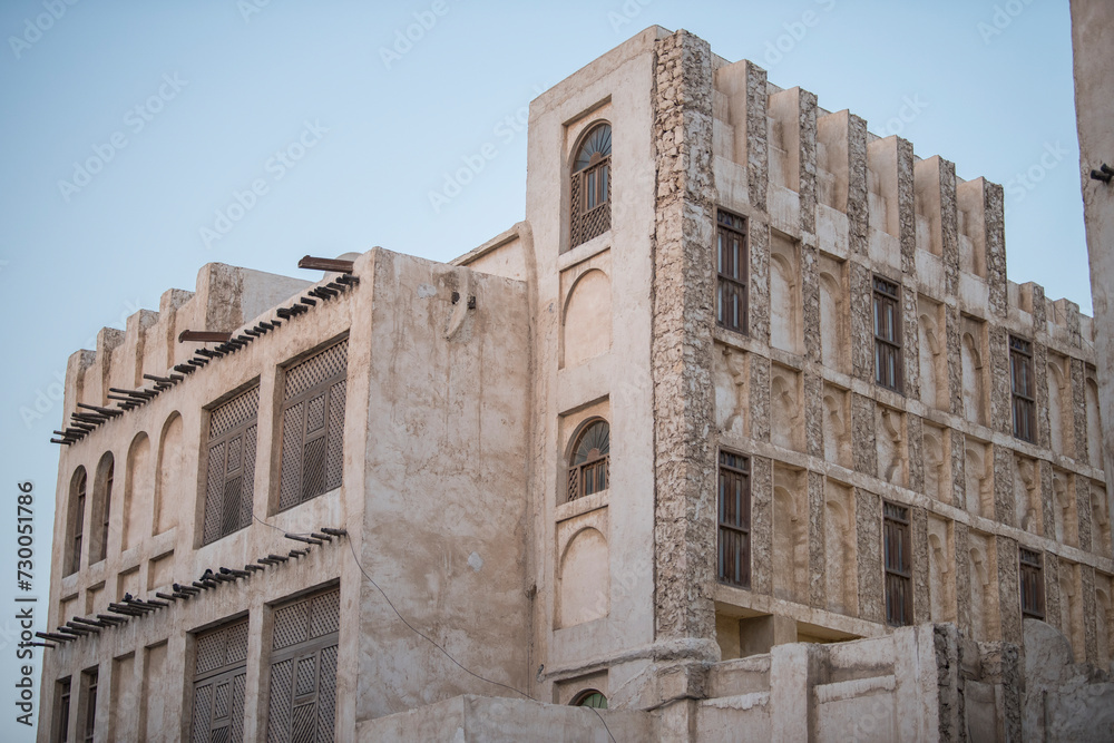Doha, Qatar- March 04,2023 : Views of the traditional Arabic architecture of market Souk Waqif.