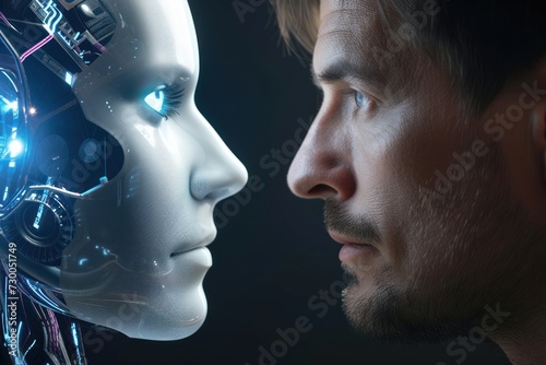 Close-up of a man and an AI robot face-to-face, showcasing the blend of human features and advanced robotics