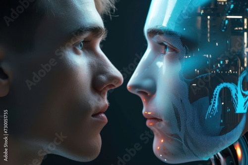 Profile view of a Caucasian man and a digital AI face outline, symbolizing the blend of human and artificial intelligence