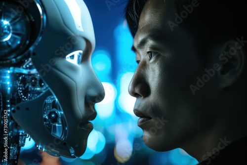 A close-up of an Asian man and a humanoid robot's faces side by side, illustrating the intersection of humanity and AI