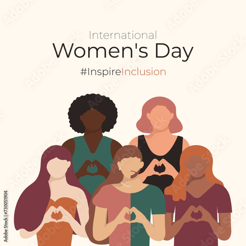 InspireInclusion International Women's Day 2024 Square Greeting card. Minimalist posters with Inspire Inclusion slogan. Diverse women with heart-shaped hands stand together for posts on social media