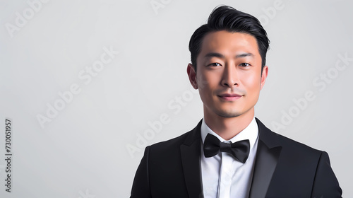 Portrait of a handsome Asian businessman, young man looks stylish, wearing elegant suit with bow tie. Confidence in his glance. Studio photoshoot on a white background
