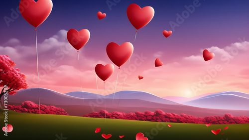 Heart-shaped balloon surrounded by nature and mountains in the background.