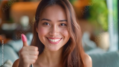Attractive young Asian woman giving thumbs up with OK gesture, smiling with positive emotions at home Attractive woman making OK hand signal or saying yes, happy and cheerful women's lifestyle photo
