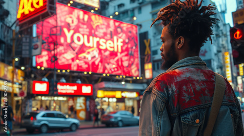 Back view of a person contemplating a vibrant neon sign saying 'Accept Yourself' in a busy urban street setting, reflecting on self-acceptance and identity