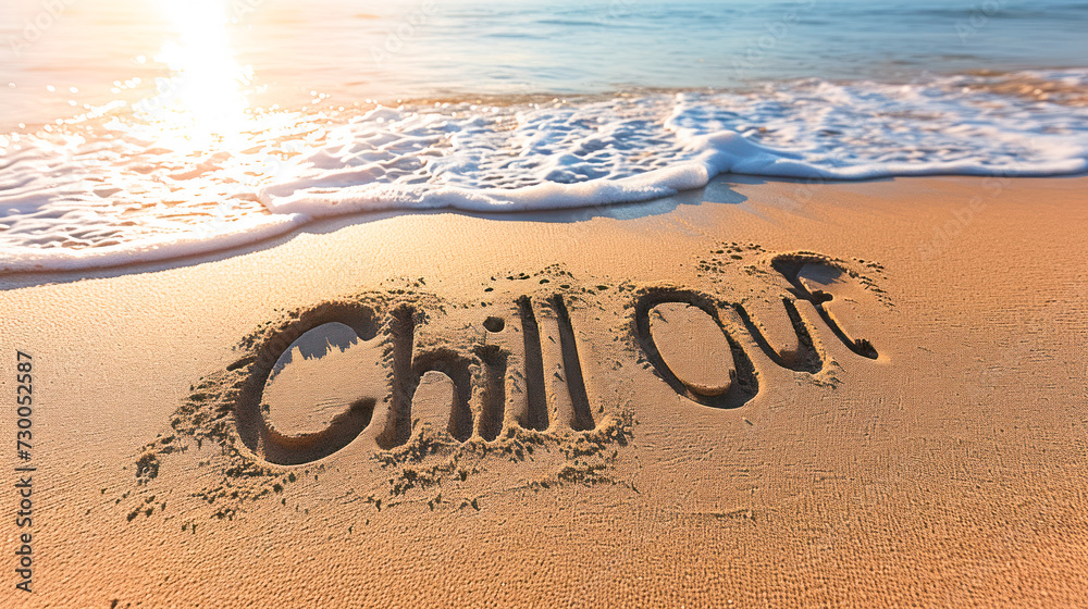 Relaxing summer vibes, Chill Out message handwritten in the sand on a serene beach, with gentle waves lapping at the shore - obrazy, fototapety, plakaty 