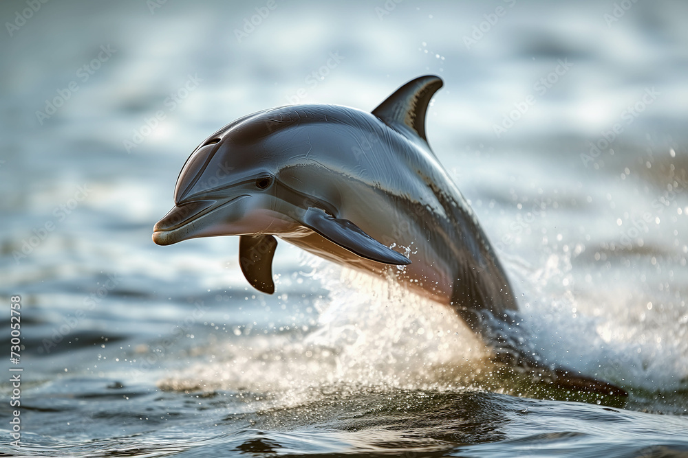 Fototapeta premium Dolphins gracefully jump on the surface of the ocean.