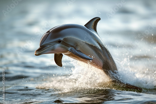 Dolphins gracefully jump on the surface of the ocean. © Gun