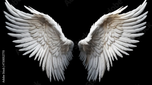 Angelic white wings, beautifully arched and radiant against a solid black background, evoking a sense of celestial wonder and tranquility