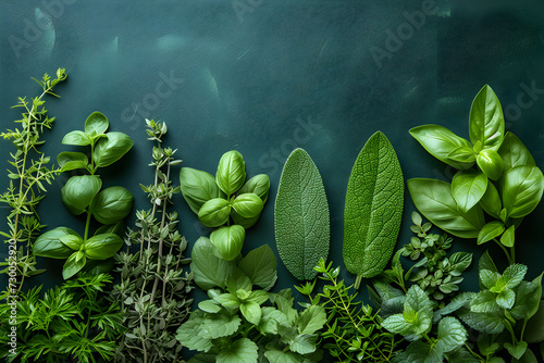 Background with green aromatic herbs. Copy space. Banner. photo
