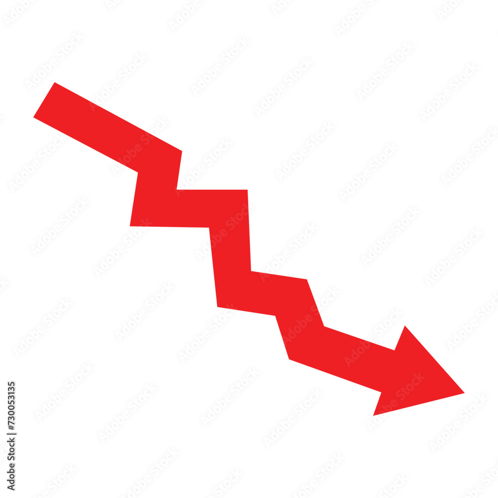 Red arrow goes down. Vector infographic illustration. Isolated business symbol. Vector illustration. Eps file 101. Red arrow goes down. Vector infographic illustration. Isolated business symbol. Vector illustration. Eps file 101.