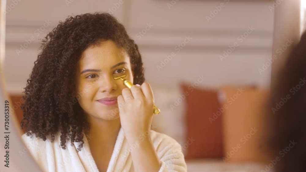 Beauty bar evening skincare routine. Brazilian woman using T shape facial massage machine in bedroom. Beauty bar evening skincare routine. Brazilian woman using T shape facial massage machine in bedroom.