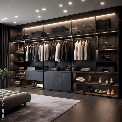 a walk-in closet that embraces edgy noir aesthetics. Picture matte black built-in wardrobes with integrated LED strip lighting.