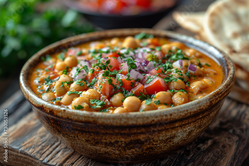 On the table is sabich with pita bread, eggplant, chickpeas, onions, tomatoes, cucumbers, yogurt and zhug sauce. photo