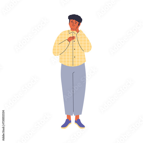 Young man sleep with folded hands under cheek, fatigue gesture emotion, vector isolated boy sleep while standing