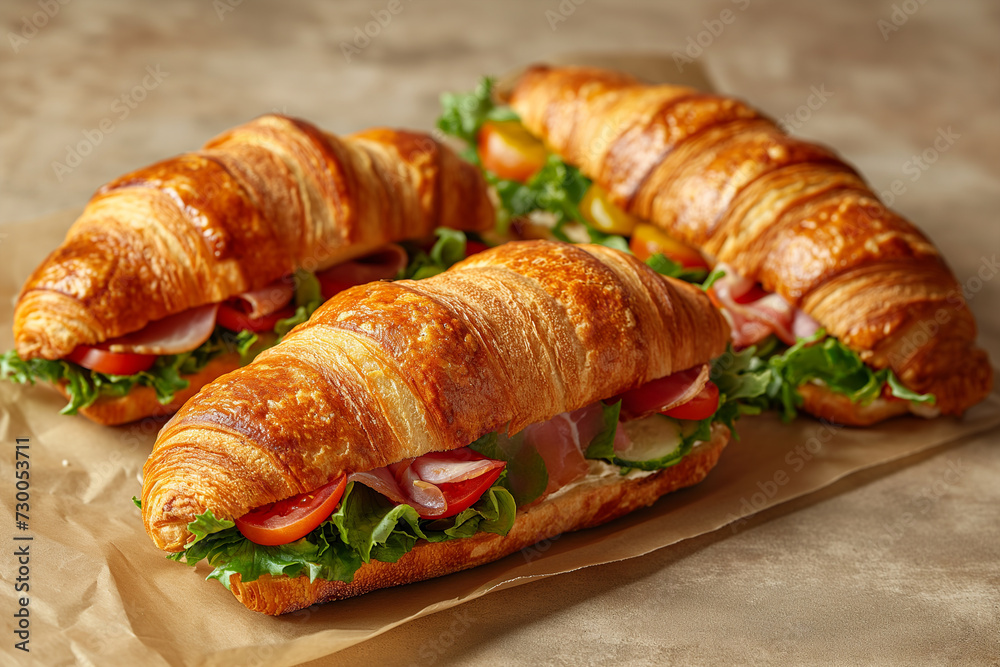 Packed croissant sandwiches on a beige kraft paper background. Packed croissant sandwiches on a beige kraft paper background.