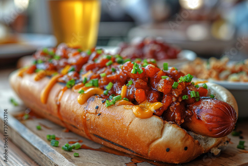 Mustard and ketchup on hot dog with glass of beer